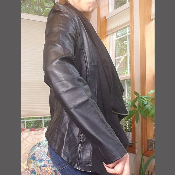 Black Faux Leather & Knit Asymmetric Jacket - Picture 3 of 5